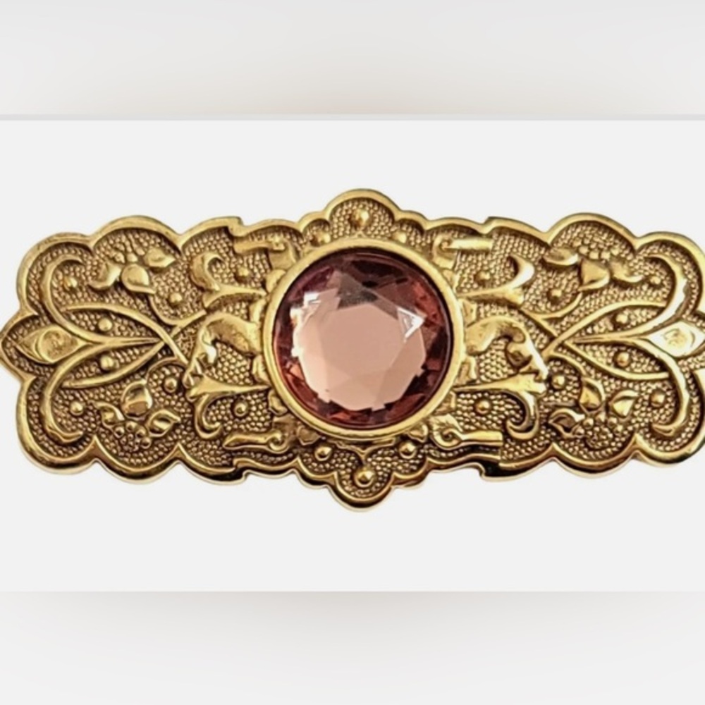 The Vatican‎ Library Collection Gold Tone Pink Rhinestone Bar Pin Brooch, Signed